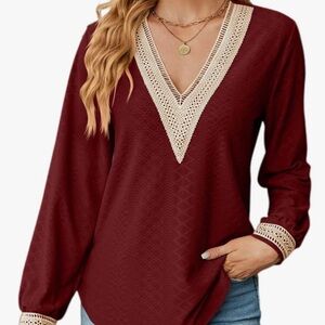 Elegant Burgundy V-Neck Lace Trim Top